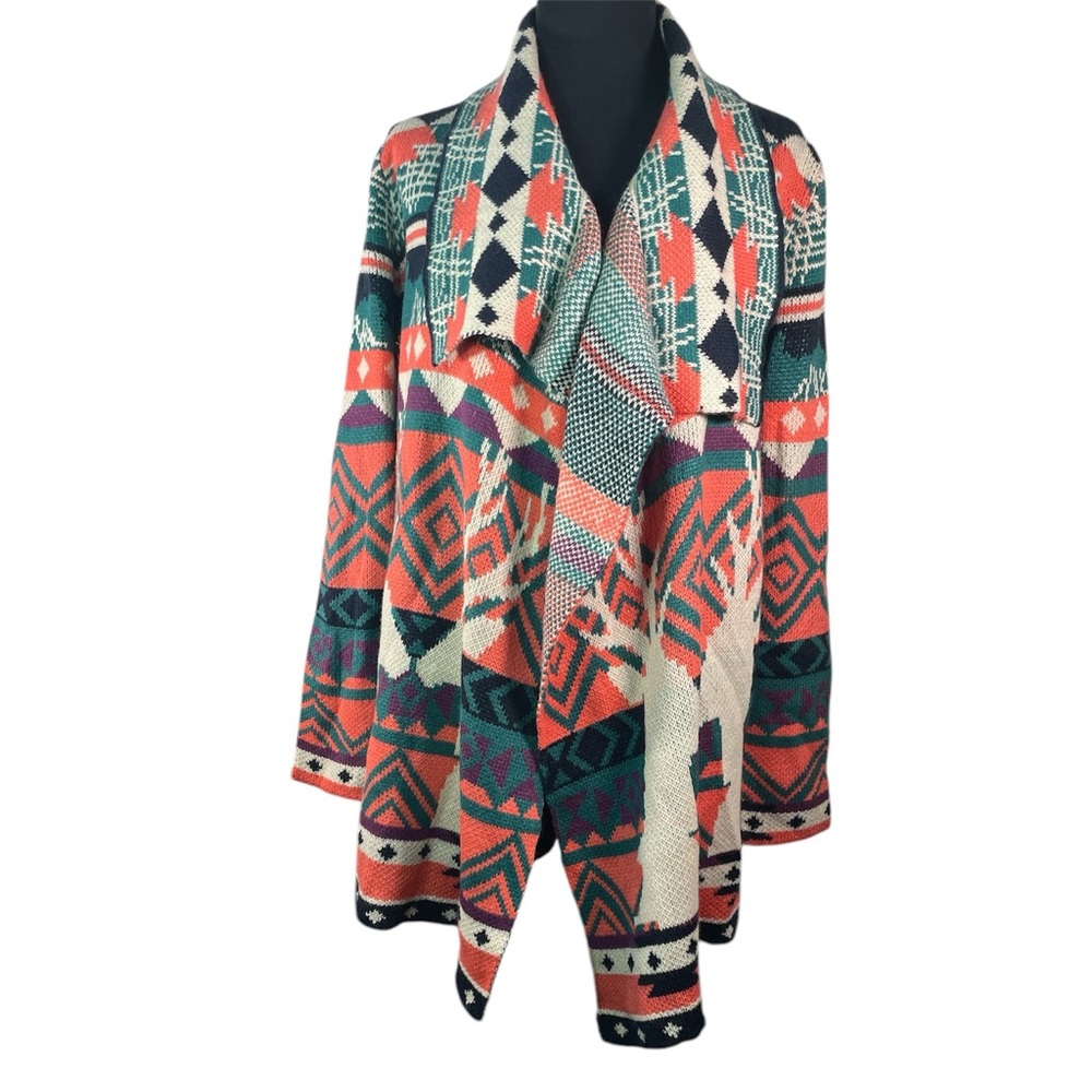Long open cardigan kissing reindeer tribal coral teal purple black Christmas